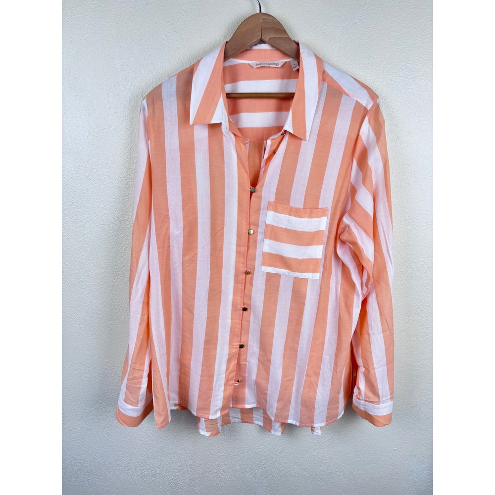 Soft Surroundings L Coral White Striped Button Down Roll Tab Sleeve Boho Resort